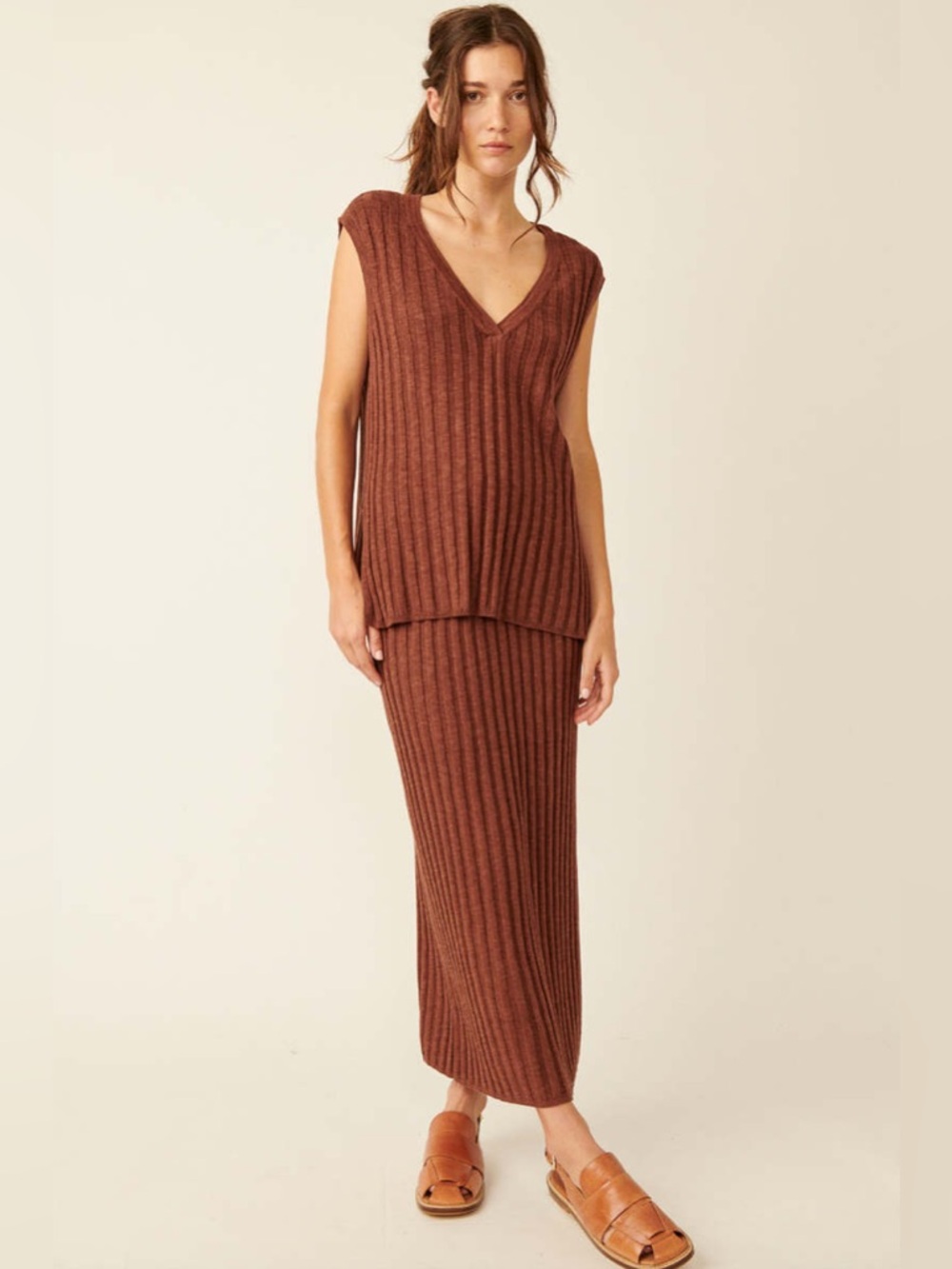 Free People Veda V-Neck Sweater & Long Skirt Set, Cinnamon, Size Small, NWT